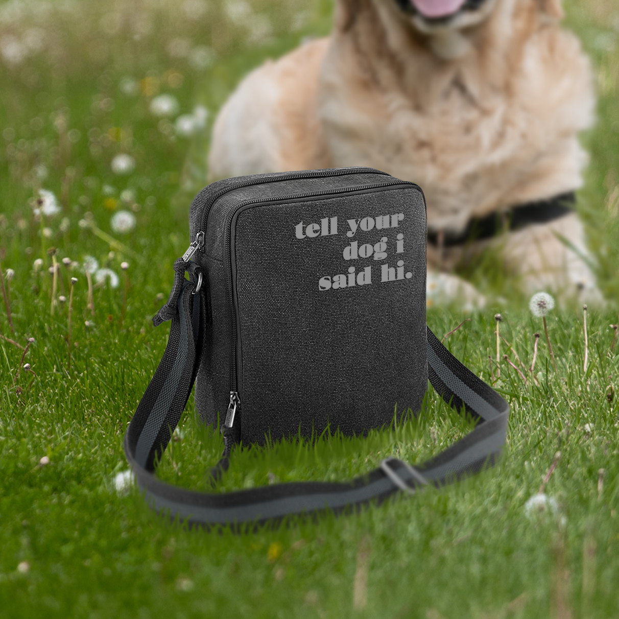 Tell Your Dog I Said Hi - Vintage Style Black & Grey Crossbody Walking Bag