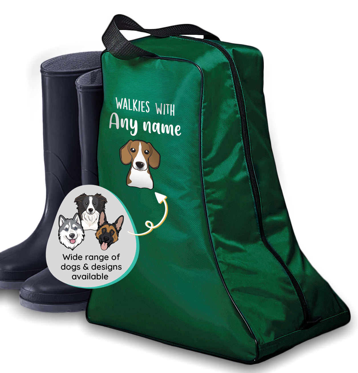 Green Walkies with Any Dog Breed Personalised with Name Welly Boot Bag