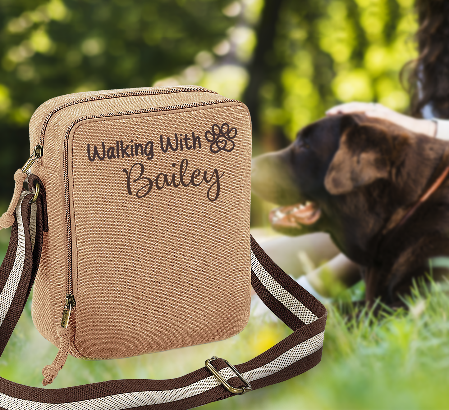Walking With... Any Dogs Name Vintage Style Sand & Brown Crossbody Walking Bag