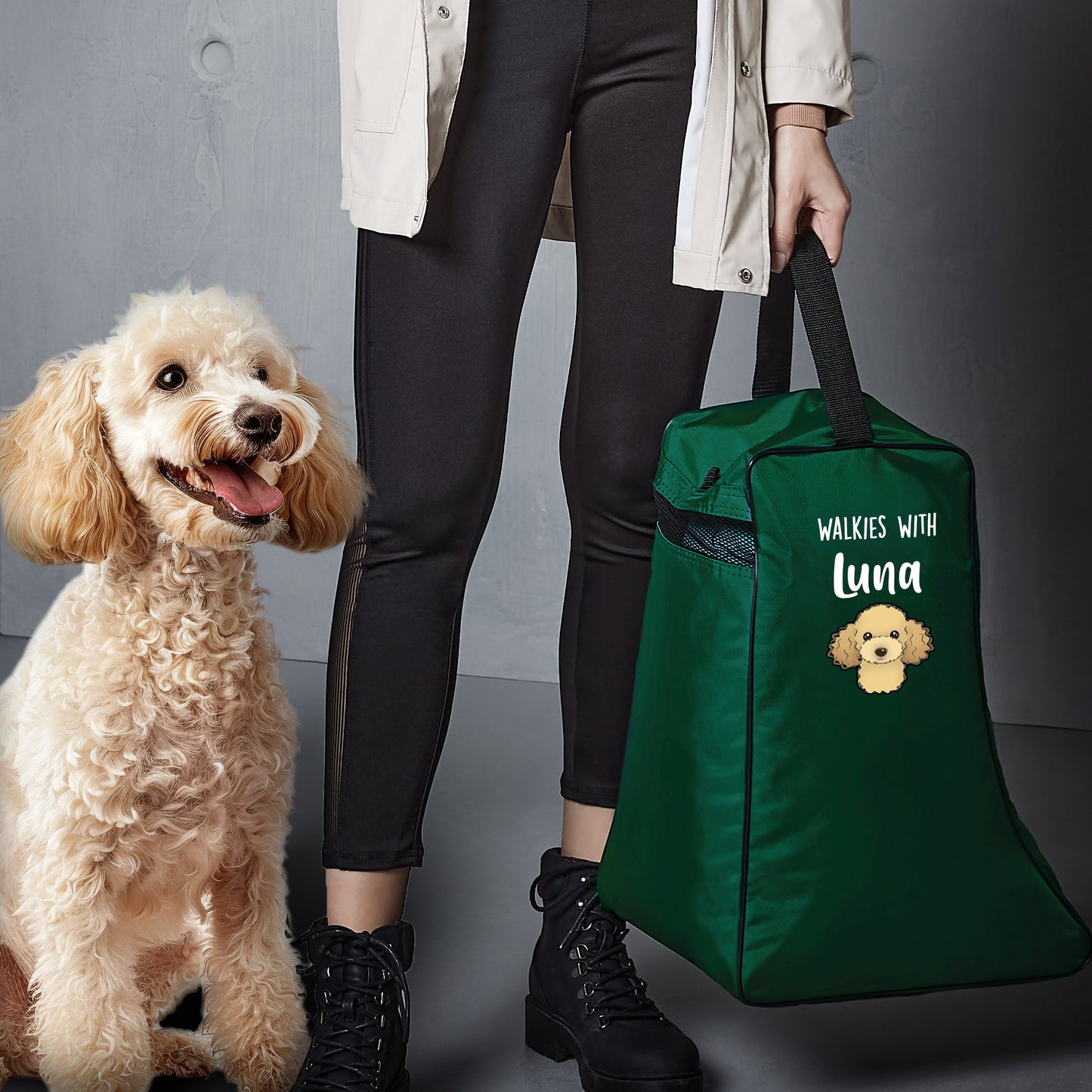 Green Walkies with Any Dog Breed Personalised with Name Welly Boot Bag