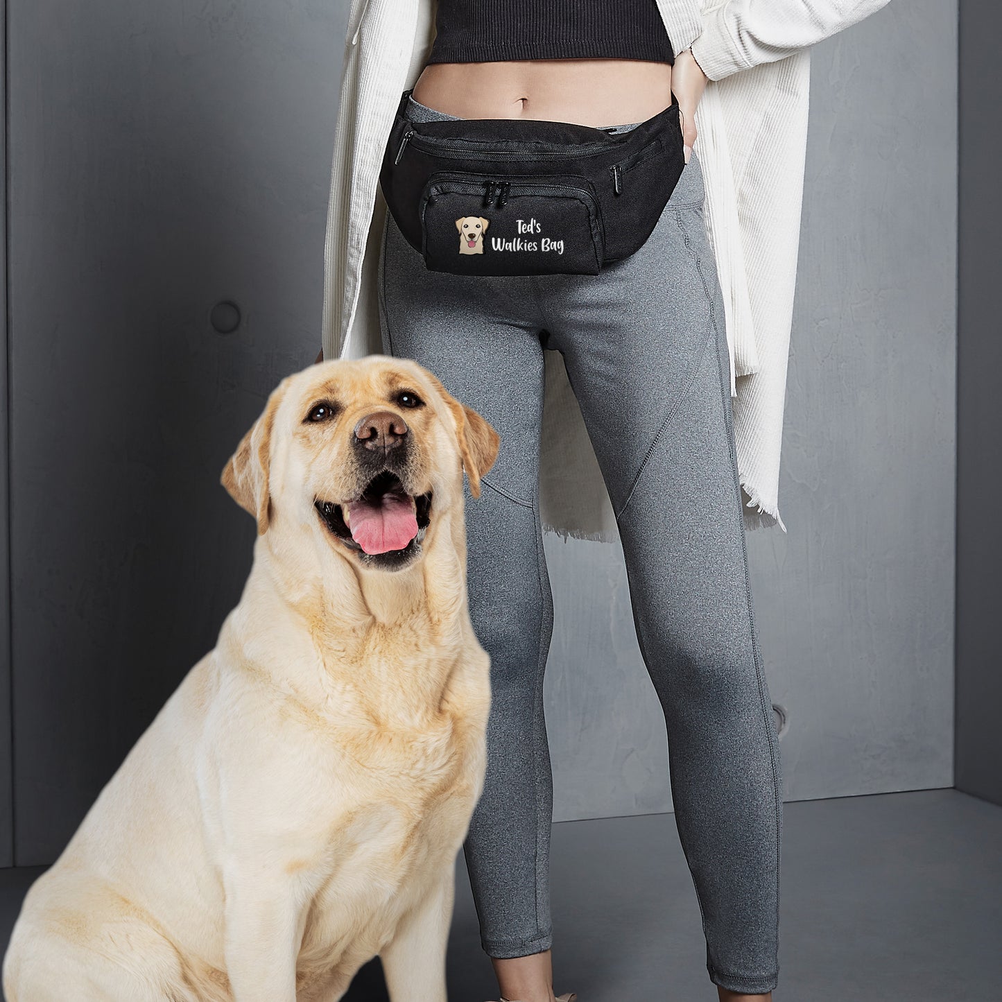 Waist or Crossbody Dog Walking Bag Black Personalised With Breed & Wording