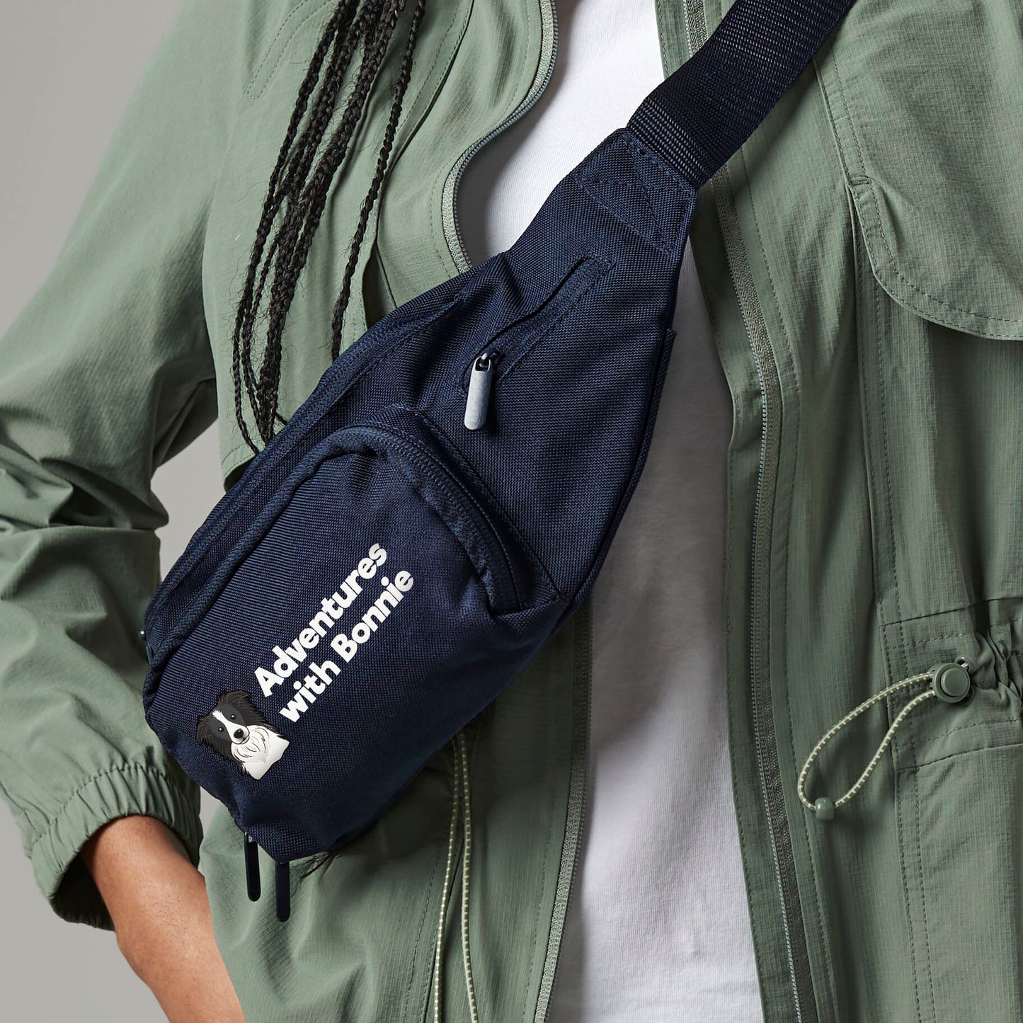 Waist or Crossbody Dog Walking Bag Navy Blue Personalised With Breed & Wording