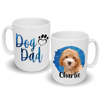 Dog Dad Mug Blue Watercolour Splash Design Dog's Name & Photo