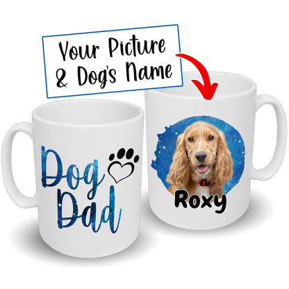 Dog Dad Mug Blue Watercolour Splash Design Dog's Name & Photo