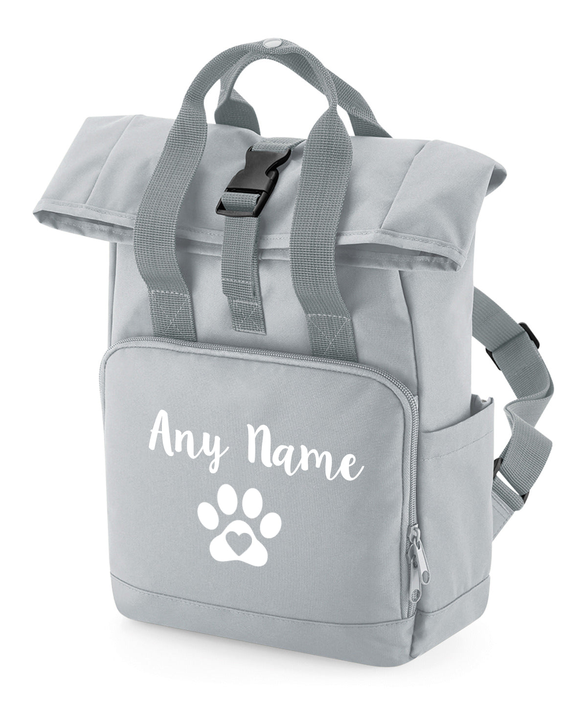 Travel Size Grey Heart & Paw Backpack With Any Name Or Wording