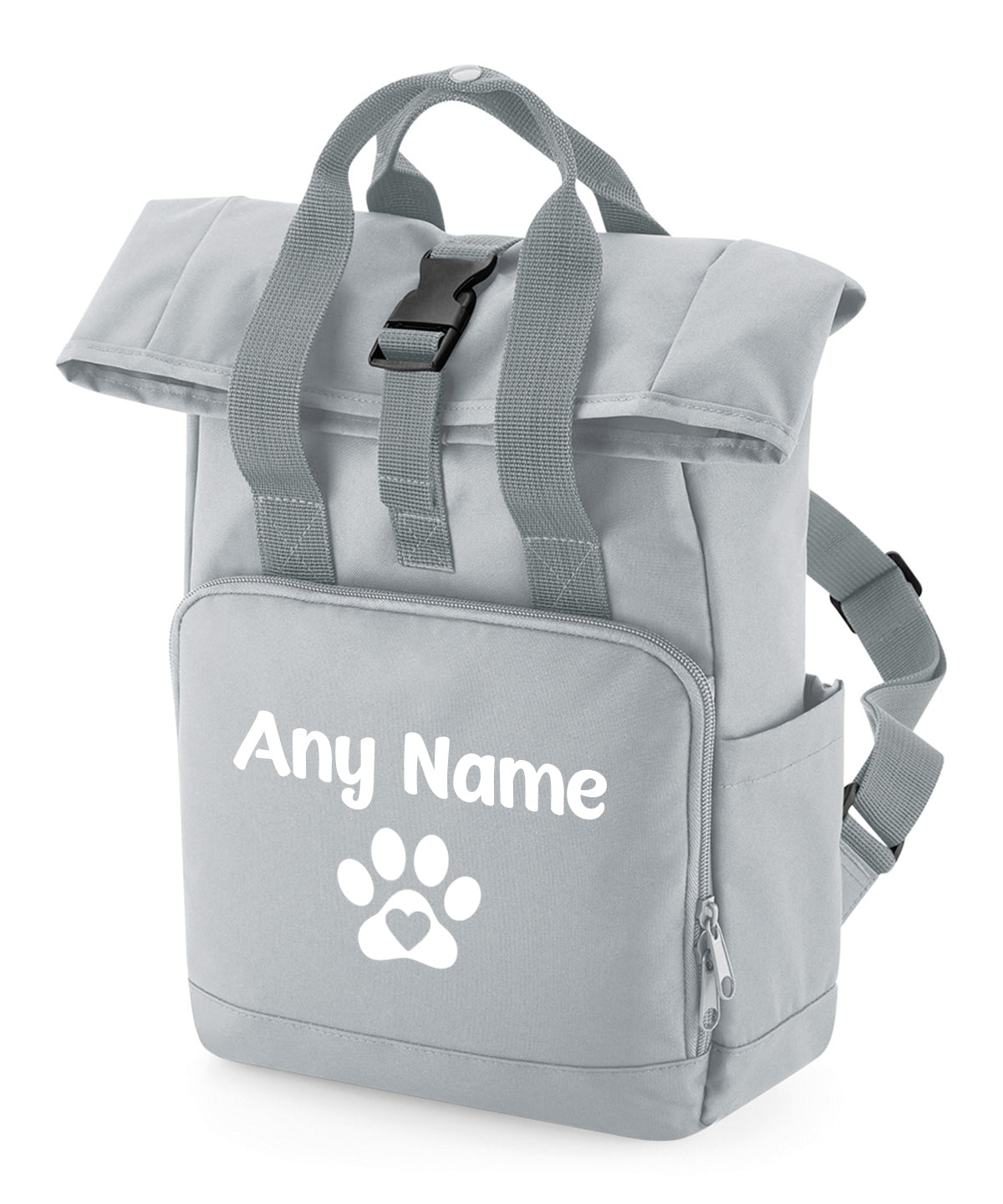 Travel Size Grey Heart & Paw Backpack With Any Name Or Wording