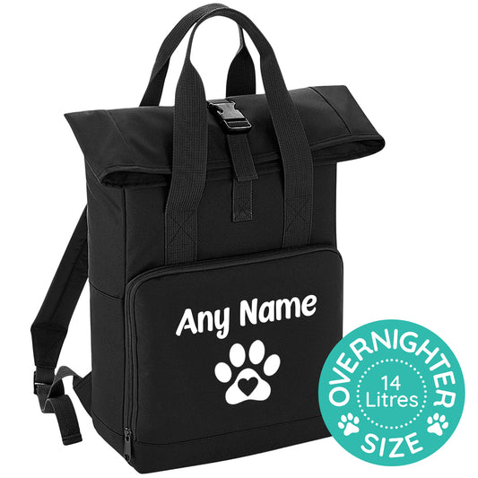 Overnight Size Black Heart & Paw Backpack With Any Name Or Wording