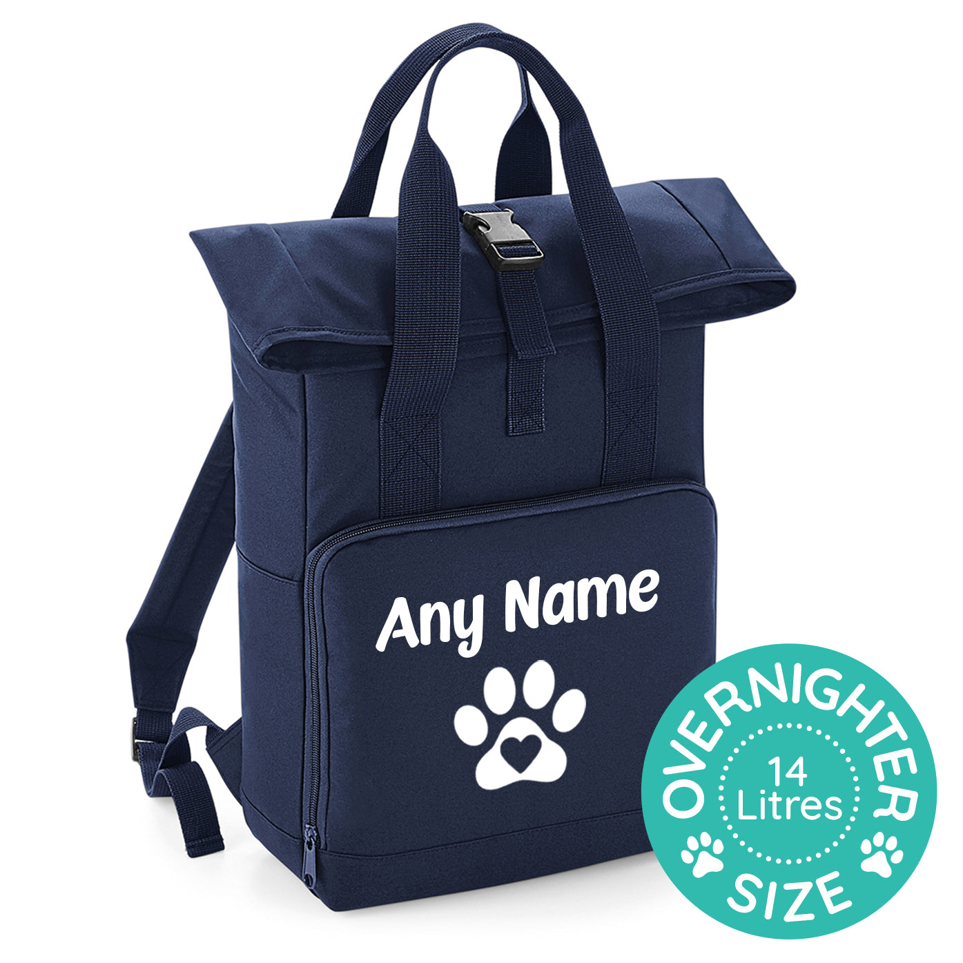 Overnight Size Navy Heart & Paw Backpack With Any Name Or Wording