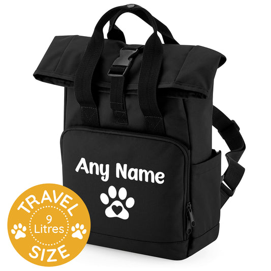 Travel Size Black Heart & Paw Backpack With Any Name Or Wording