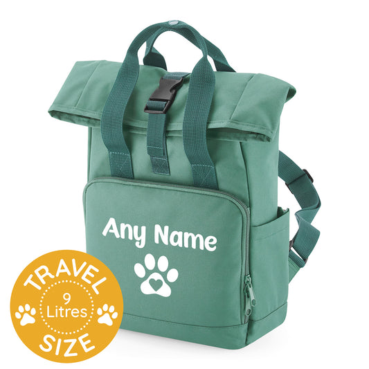 Travel Size Sage Green Heart & Paw Backpack With Any Name Or Wording