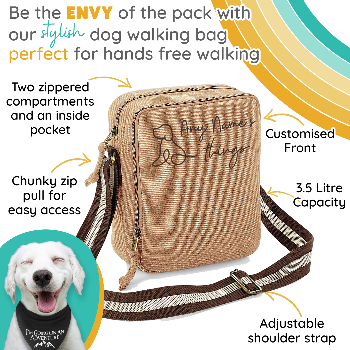 Doodle Dog Vintage Style Sand & Brown Crossbody Walking Bag - Any Wording Added