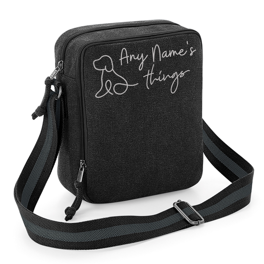 Doodle Dog Vintage Style Black & Grey Crossbody Walking Bag - Any Wording Added