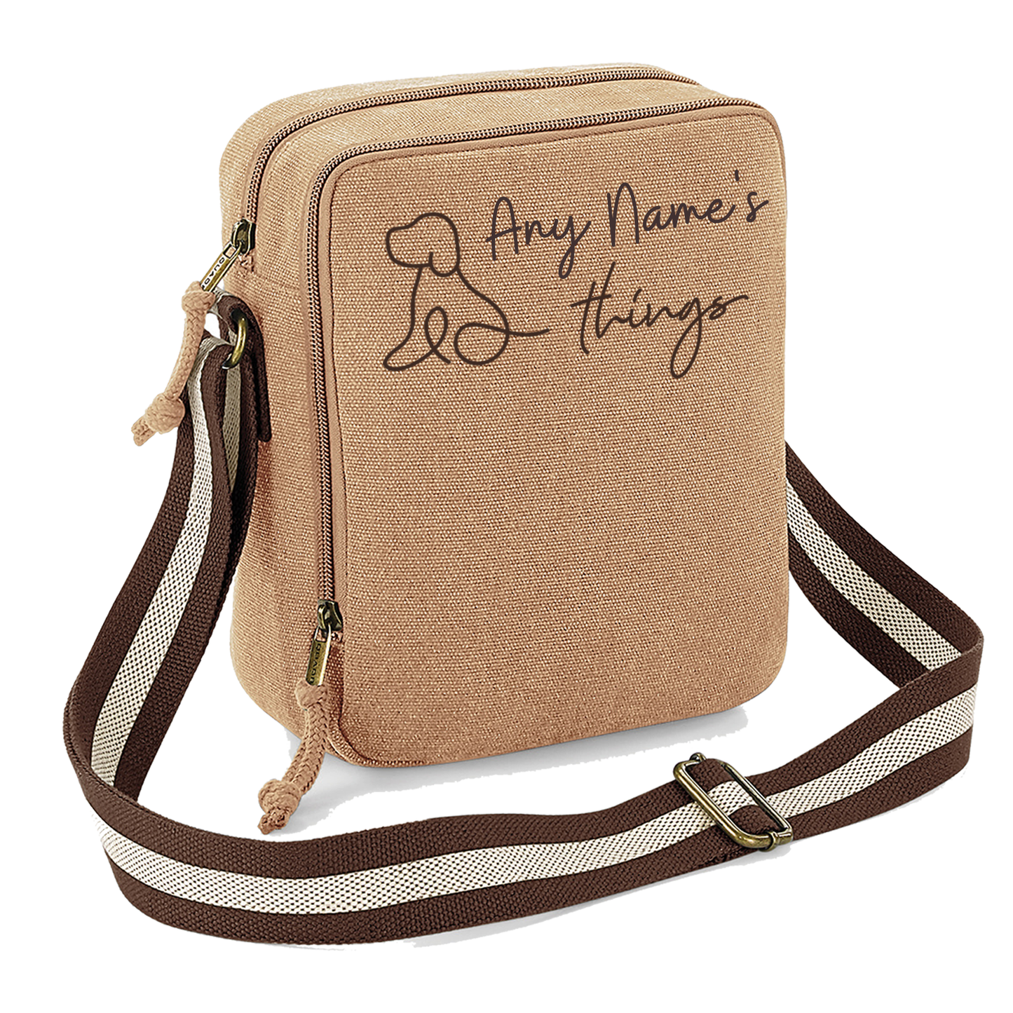 Doodle Dog Vintage Style Sand & Brown Crossbody Walking Bag - Any Wording Added