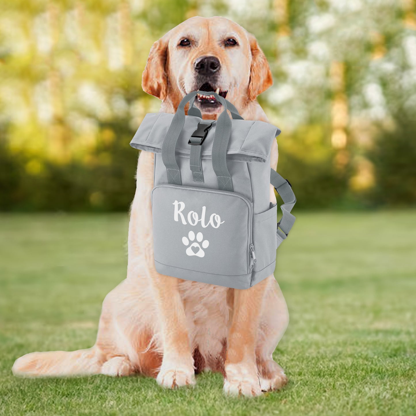 Travel Size Grey Heart & Paw Backpack With Any Name Or Wording