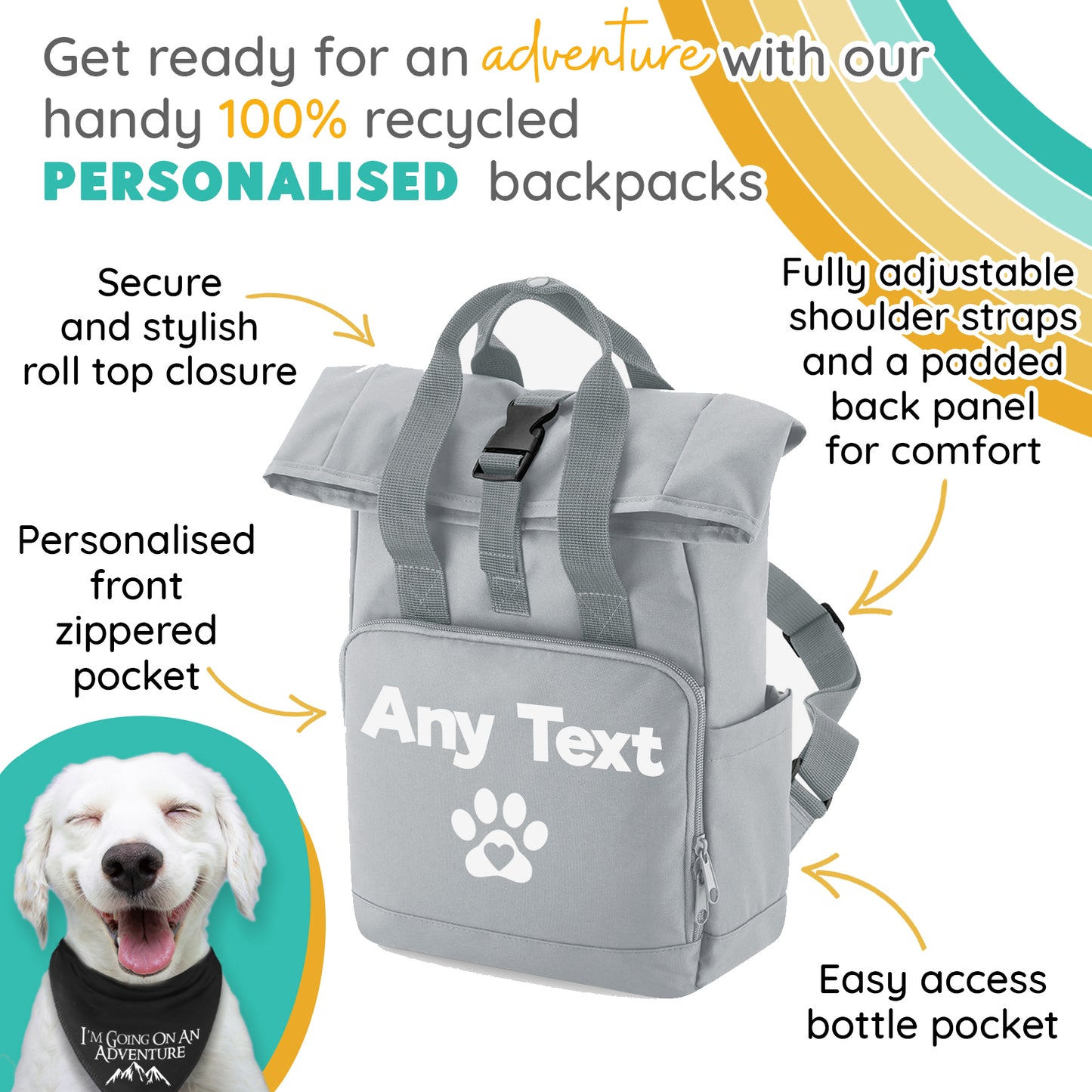 Travel Size Grey Heart & Paw Backpack With Any Name Or Wording