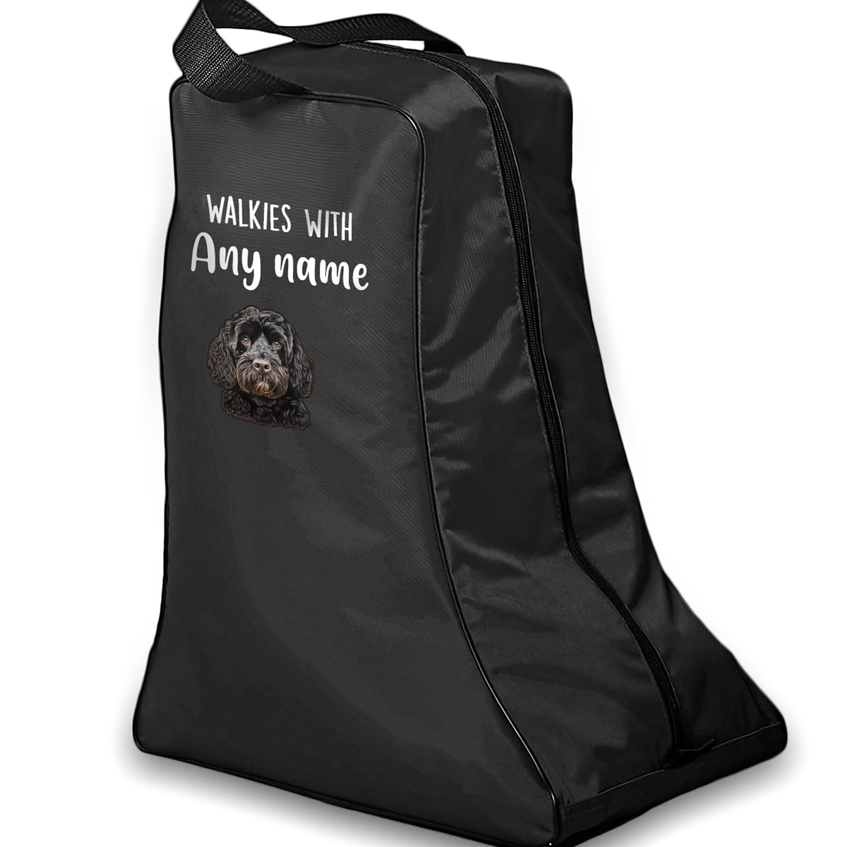 Black Walkies with Any Dog Breed Personalised with Name Welly Boot Bag