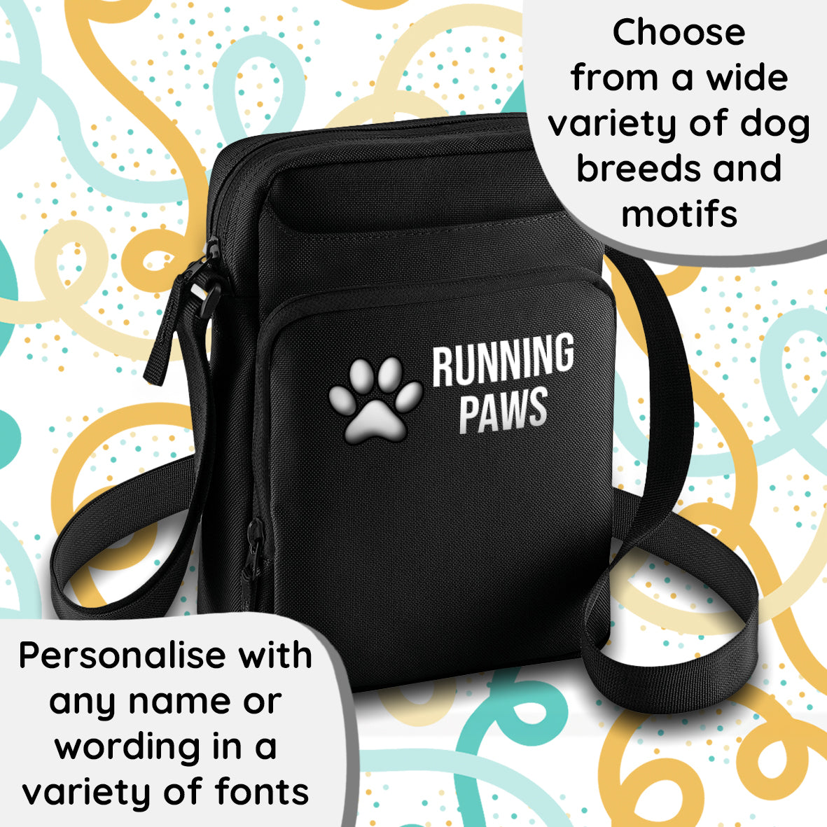 Crossbody Dog Walking Bag Black Personalised With Breed & Wording