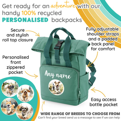 Sage Green Any Breed Running Woodland Dog with Personalised Name Backpack