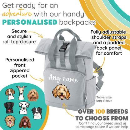 Overnighter Rucksack 14 Litres Grey Any Breed Backpack With Custom Personalised Dog Name