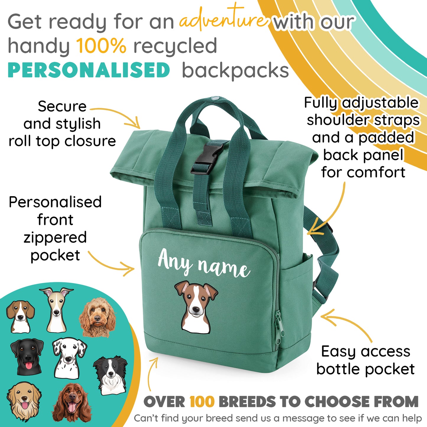 Travel Rucksack 9 Litres Sage Green Any Breed Backpack With Custom Personalised Dog Name