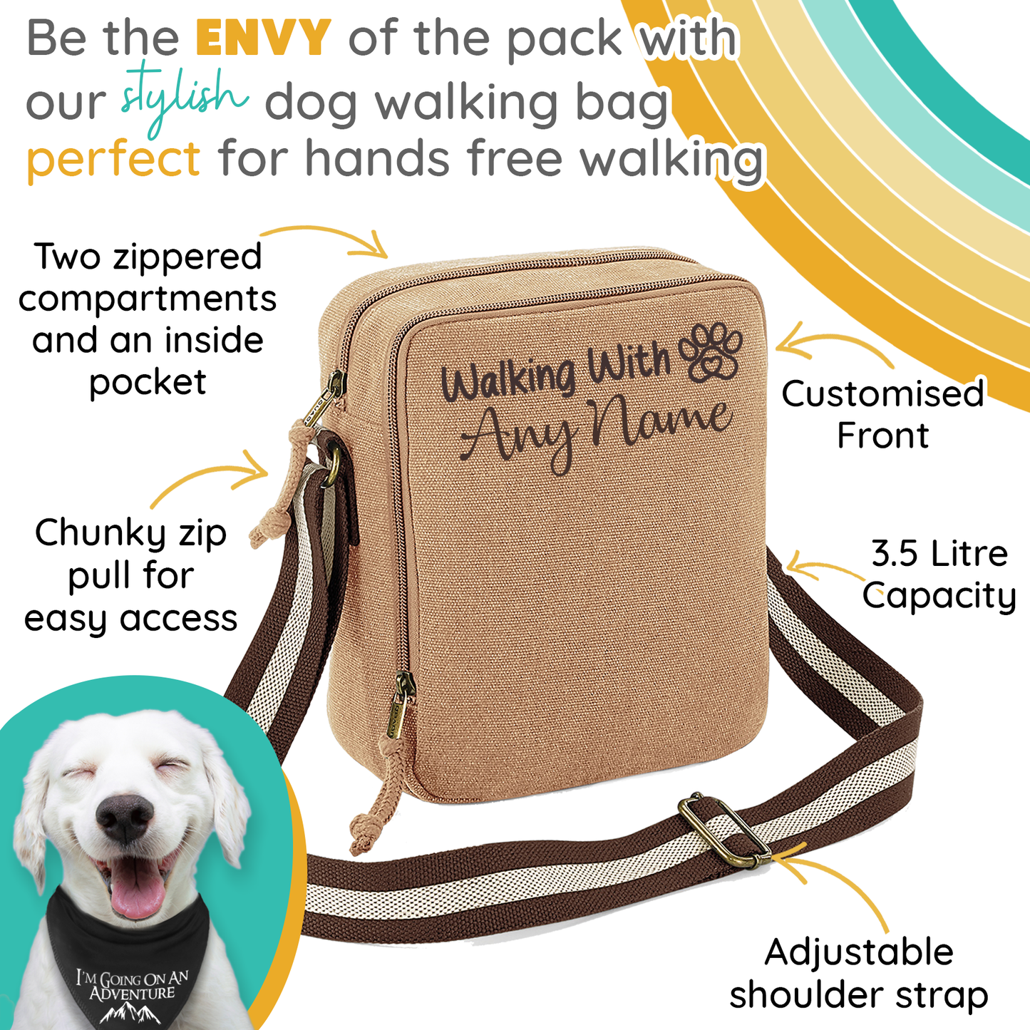 Walking With... Any Dogs Name Vintage Style Sand & Brown Crossbody Walking Bag