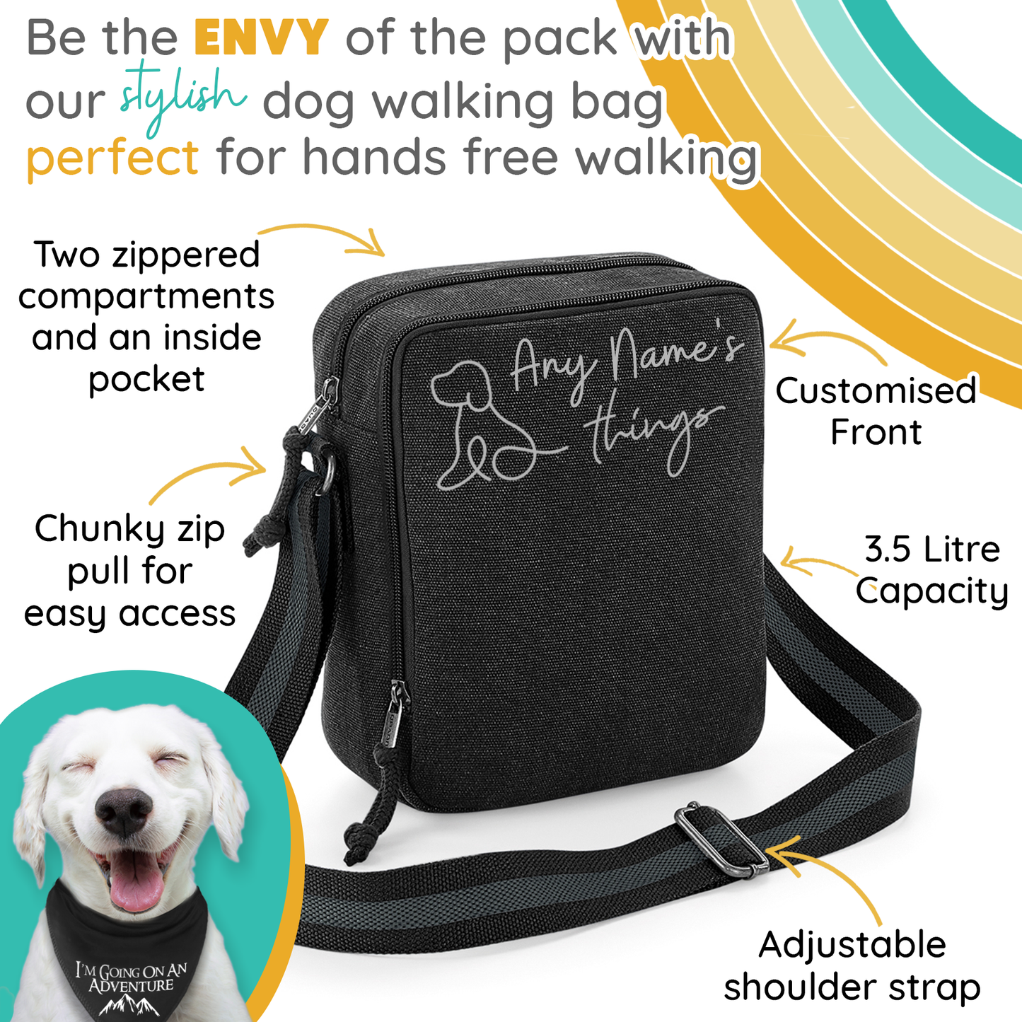 Doodle Dog Vintage Style Black & Grey Crossbody Walking Bag - Any Wording Added