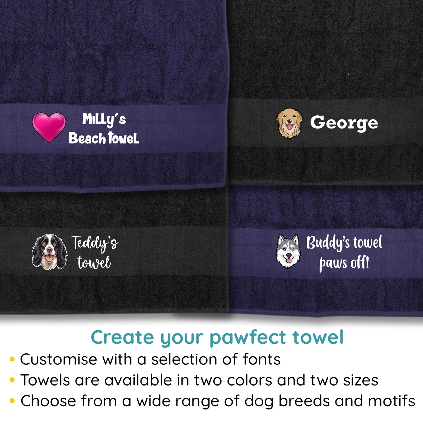 MIDNIGHT BLUE Any Pet Name And A Choice Of Dog Breed - Bath Towel
