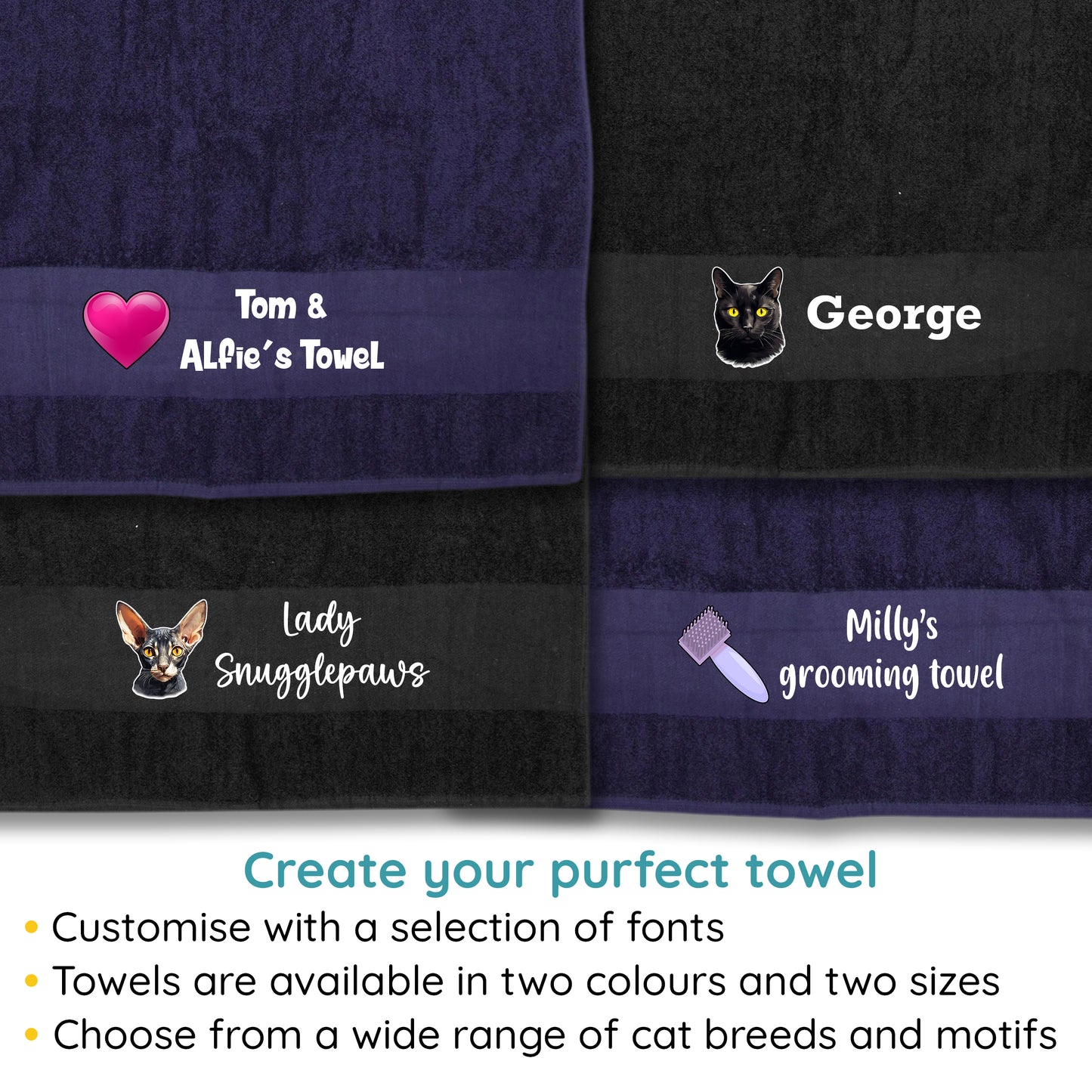 BLACK Any Pet Name And A Choice Of Cat Breed - Travel Towel