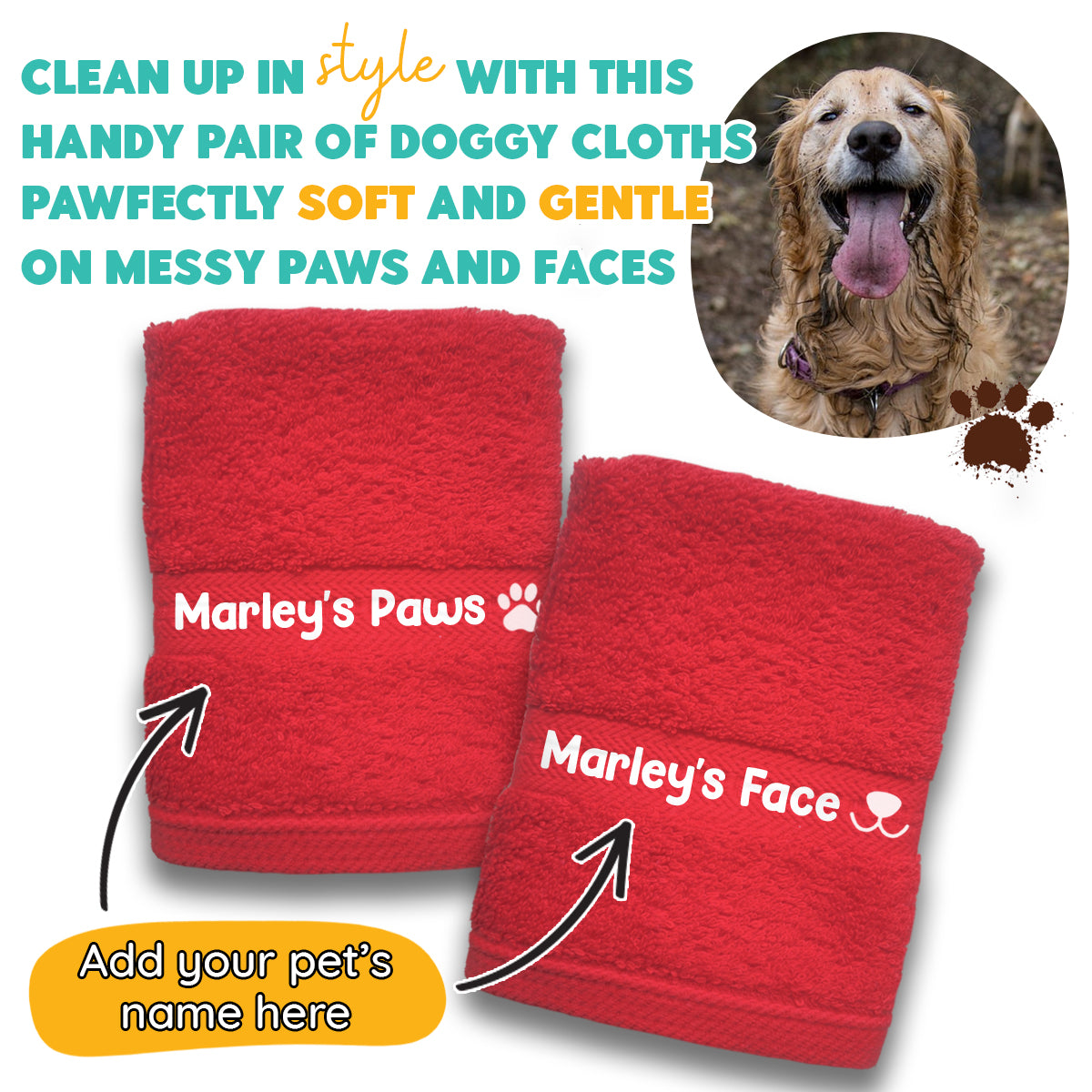 Red Dog Pet Face and Paws Wiper Towel Cloths - Any Name