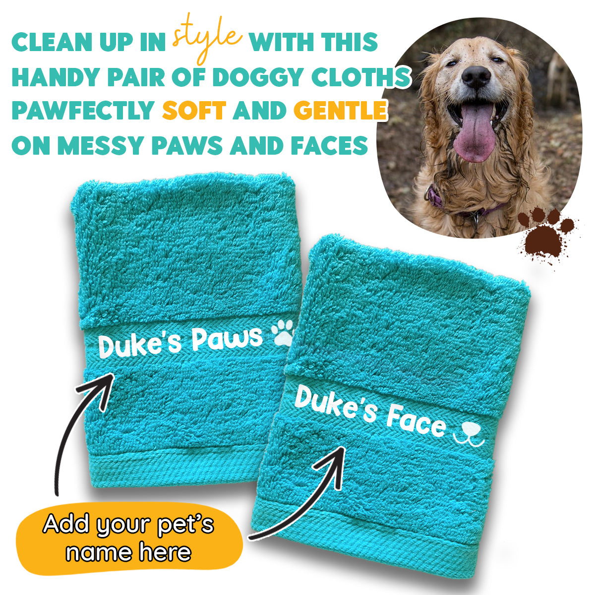 Turquoise Dog Pet Face and Paws Wiper Towel Cloths - Any Name