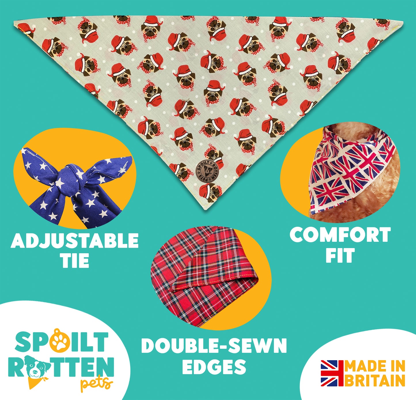 The Carnaby - Christmas Pugs Tied Dog Bandana