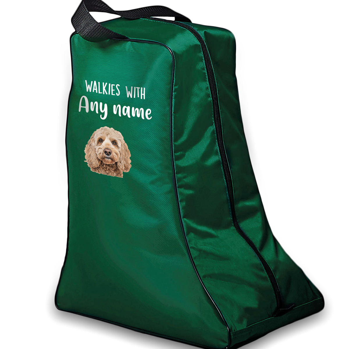 Green Walkies with Any Dog Breed Personalised with Name Welly Boot Bag