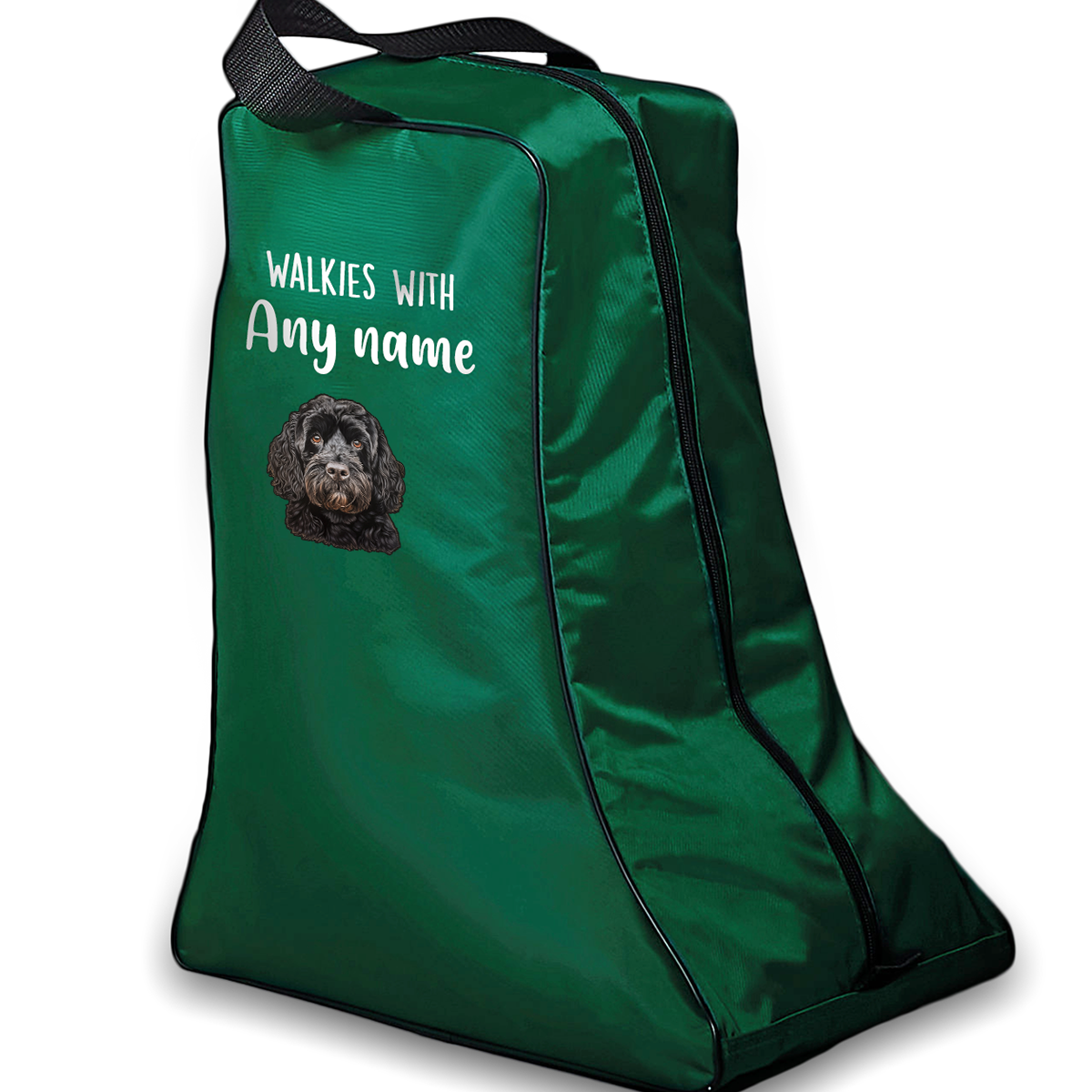 Green Walkies with Any Dog Breed Personalised with Name Welly Boot Bag