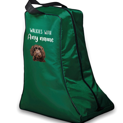 Green Walkies with Any Dog Breed Personalised with Name Welly Boot Bag