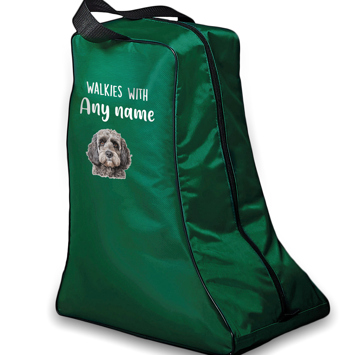 Green Walkies with Any Dog Breed Personalised with Name Welly Boot Bag
