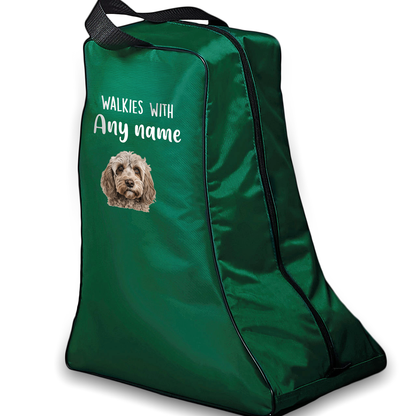 Green Walkies with Any Dog Breed Personalised with Name Welly Boot Bag