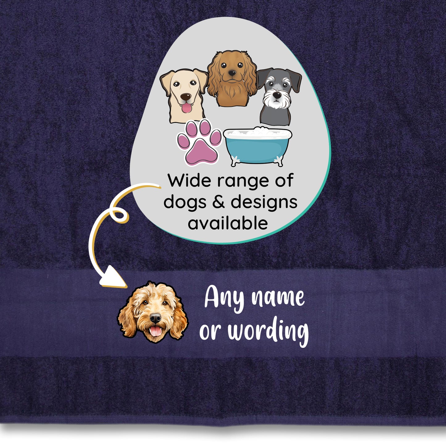 MIDNIGHT BLUE Any Pet Name And A Choice Of Dog Breed - Bath Towel
