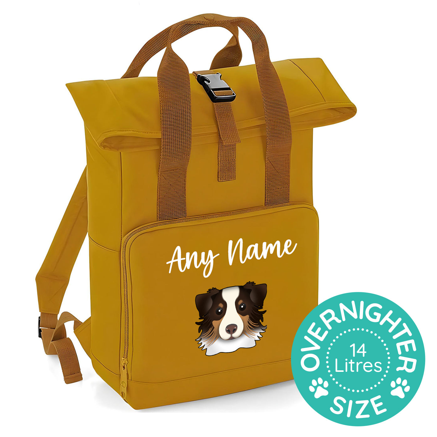Overnighter Rucksack 14 Litres Mustard Gold Any Breed Backpack With Custom Personalised Dog Name