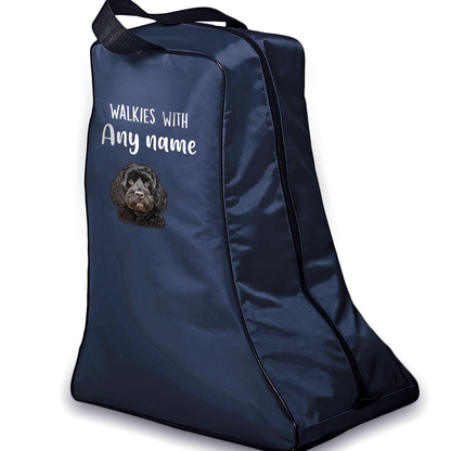 Navy Walkies with Any Dog Breed Personalised with Name Welly Boot Bag