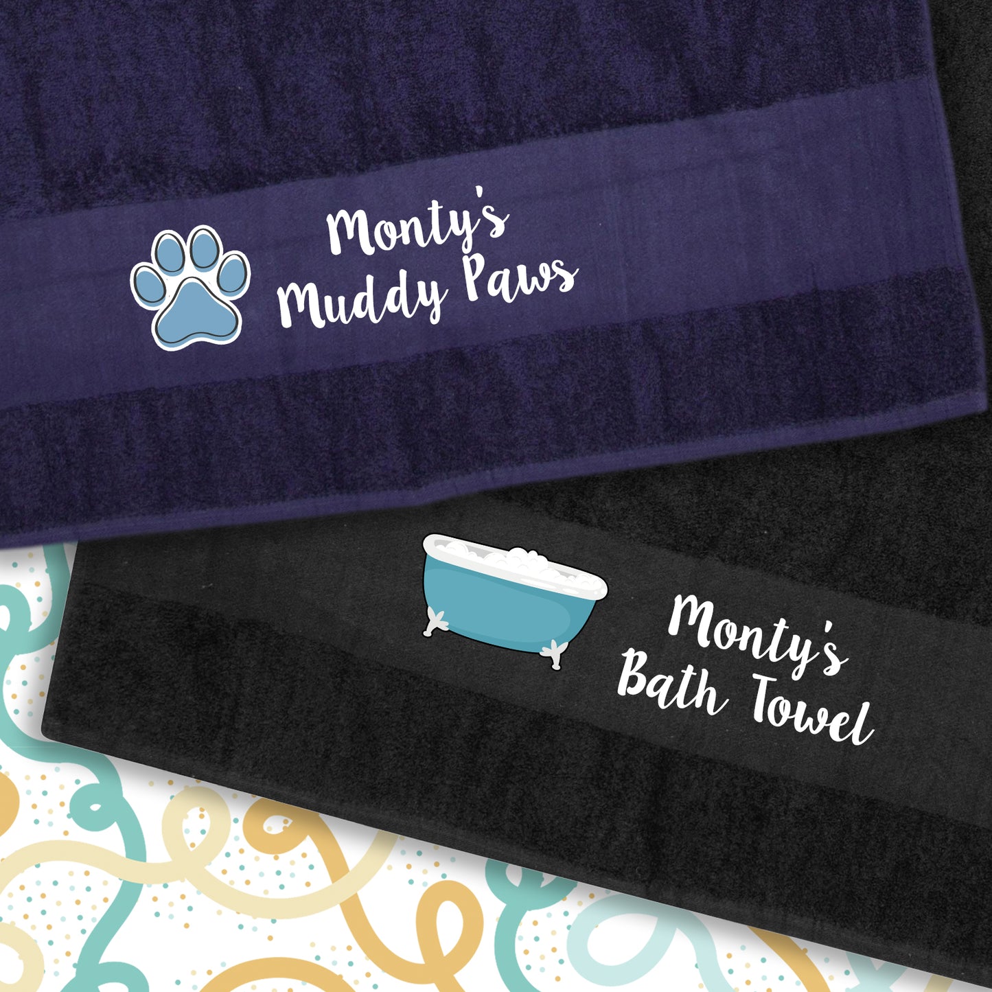 MIDNIGHT BLUE Any Pet Name And A Choice Of Dog Breed - Bath Towel
