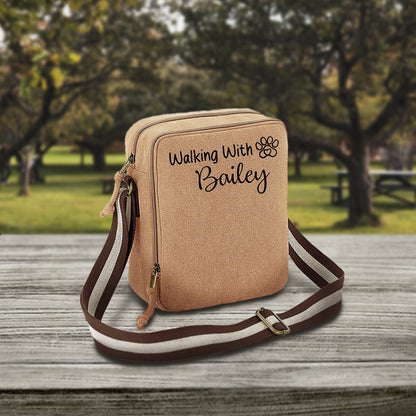 Walking With... Any Dogs Name Vintage Style Sand & Brown Crossbody Walking Bag
