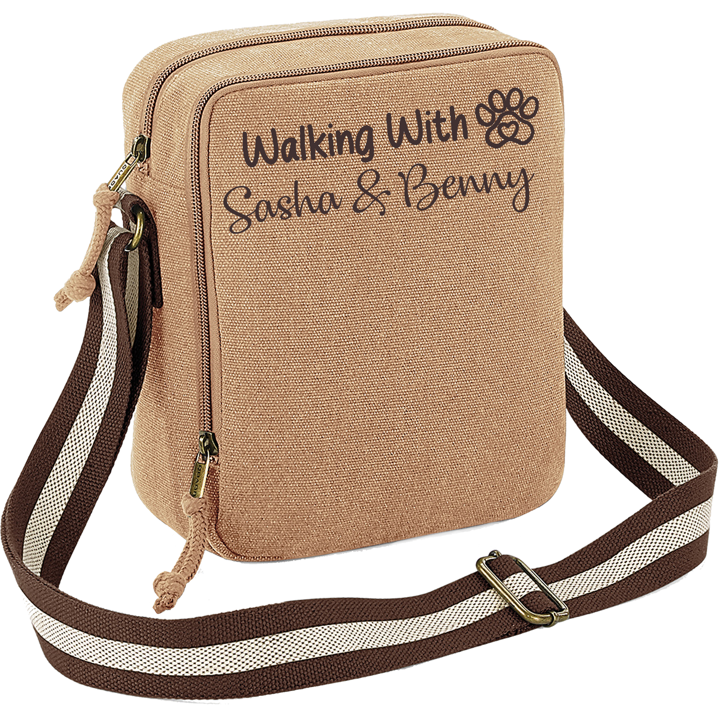 Walking With... Any Dogs Name Vintage Style Sand & Brown Crossbody Walking Bag