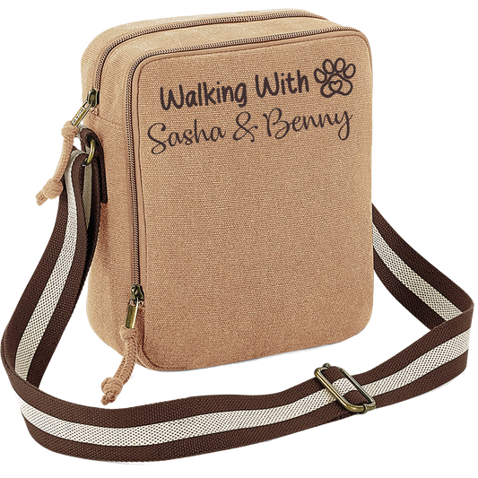 Walking With... Any Dogs Name Vintage Style Sand & Brown Crossbody Walking Bag