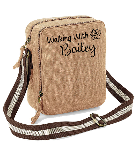 Walking With... Any Dogs Name Vintage Style Sand & Brown Crossbody Walking Bag