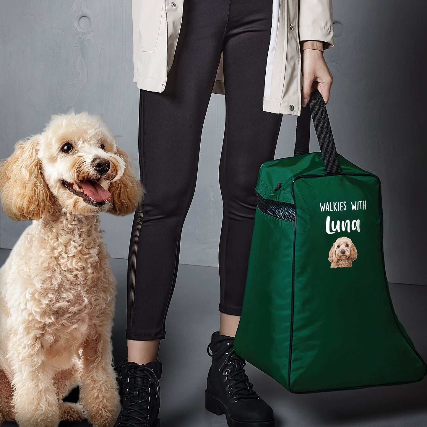Green Walkies with Any Dog Breed Personalised with Name Welly Boot Bag