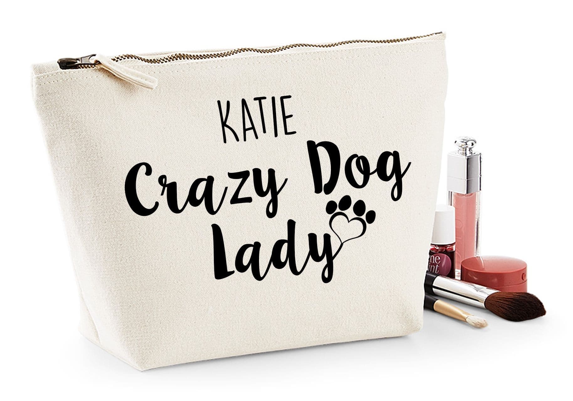 'Crazy Dog Lady' Natural Cotton Make-Up Bag Personalised