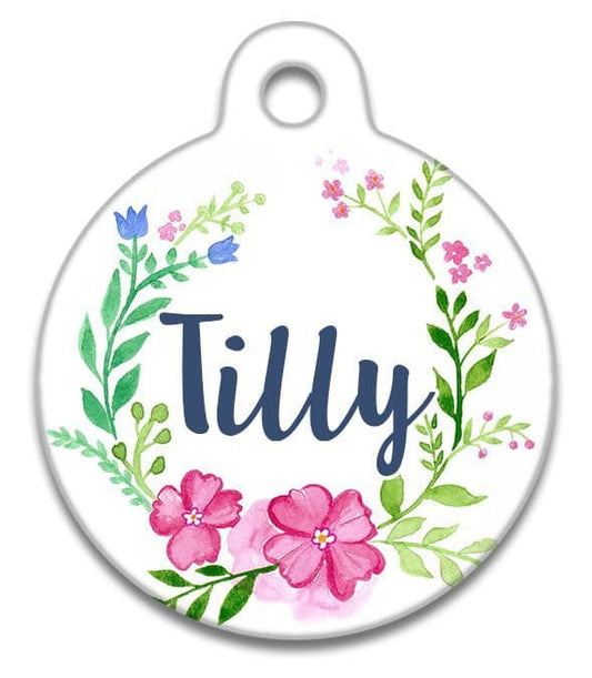 Pretty Pink Flower Wreath On White - Pet (Dog & Cat) ID Tag