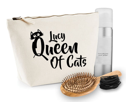 'Queen Of Cats' Natural Cotton Make-Up Bag Personalised